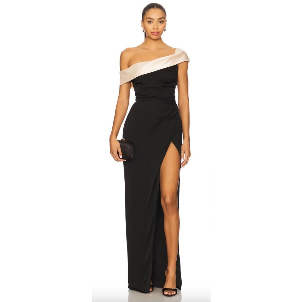 Sonya Moda | NWT Tuscany Gown in Noir Creme Black Ivory Satin Maxi Dress S